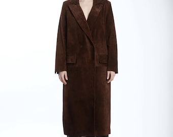 BROWN SUEDE COAT/ Women real leather custom made suede leather coat oversize / Handmade Plus size model Custom made coat