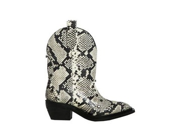 ELECTRA BOOTS Snakeskin print leather cowboy ankle boots with decorative studs BLACK and white snake skin print cowboy leather boots