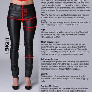 May include: Diagram showing how to measure different parts of the body for pants sizing, including waist, hips, thigh, calf, and length. The diagram includes text labels for each measurement.