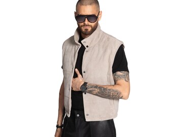 Sand suede LEATHER VEST for men / Sleeveless Minimalistic Look / Handmade Custom made leather vest for MEN