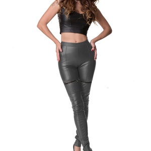 GRAY QUILTED LEGGINGS Custom made leather leggings Women leather pants Plus size leggings Genuine leather pants Handcrafted xxl leggings