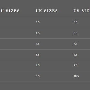 May include: A size conversion chart for shoes showing European, UK, and US sizes. The chart lists sizes 36 through 41 in European sizes, 3.5 through 8.5 in UK sizes, and 5.5 through 10.5 in US sizes.