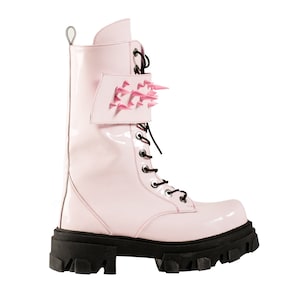 LYUDMILA BOOTS Pink Massive combat boots with pink studs Knee high boots for women Light Pink Patent leather Massive Platform rubber sole