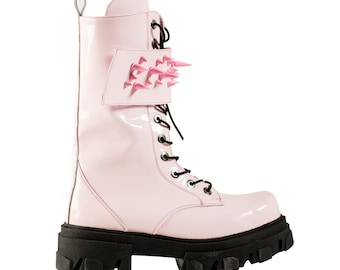 LYUDMILA BOOTS Pink Massive combat boots with pink studs Knee high boots for women Light Pink Patent leather Massive Platform rubber sole