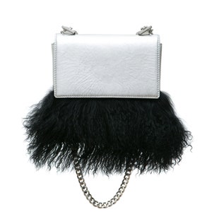 SILVER Leather Shoulder Bag Silver cross body bag GISELLE with Black Lama fur