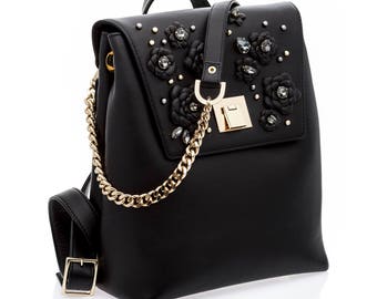 BLACK leather backpack Laptop backpack Custom made Leather bag Black Backpack YASMINE with Swarovsky crystals