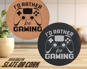 Id Rather Be Gaming Coasters – Slate or Cork Drink Coasters – Gamer Bar Gift