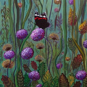 Schmetterlinge auf Wiesenblumen, Wildblumen, Wildkräuter, Schwalbenschwanzschmetterlinge, Blumenmalerei, mixed media Technik, Originalkunstwerk