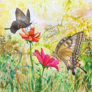 Butterflies on meadow flowers, wild flowers, wild herbs, swallowtail butterflies, flower painting, mixed media technique, original artwork