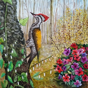 picchio nella foresta primaverile, opere d'arte originali, bellissimo uccello, fiori della foresta, fauna selvatica, uccello luminoso, Natale con uccelli