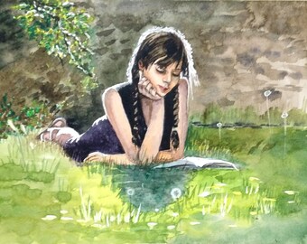 Niña leyendo en el jardín, pintura romántica, niña leyendo un libro, relajándose en el jardín, arte infantil, decoración infantil