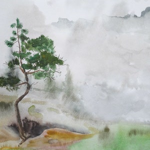 Montagne, foresta, nebbia, mattina presto in montagna, alberi nella nebbia, pino nella sabbia, opere d'arte originali