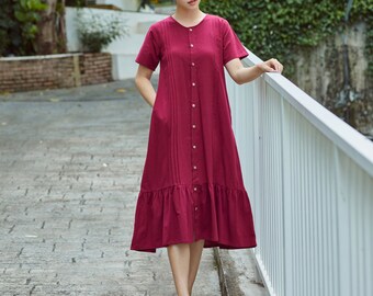 Handmade Summer Dress Cotton Midi dress short sleeves casual loose long dress linen dresses relaxed fit caftan plus size dress tailor-made