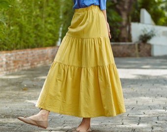 Summer Cotton tiered Skirt Casual Loose Skirts A-line Pleated Elastic Waist Skirt Flared Midi Skirts tailor-made Plus Skirt Boho Linen Skirt