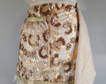 Cream and gold apron with lace Fancy hosting apron.