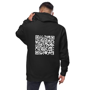 May include: Black hooded sweatshirt with a white QR code printed on the back.