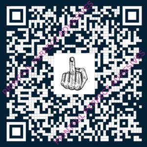 Puede incluir: Código QR en blanco y negro con una mano haciendo el dedo medio en el centro. El texto "PRINTFUL PERFECT ADHESIVES" está impreso en diagonal en la esquina superior izquierda de la imagen. El texto "PRINTFUL FABRIC ADHESIVES" está impreso en diagonal en la esquina inferior derecha de la imagen.