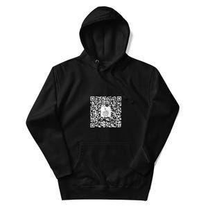 May include: Black hooded sweatshirt with a white QR code featuring a middle finger on the front.