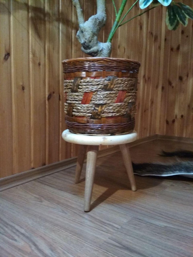 Mid Century Modern Pflanze Stehen Hocker Kiefer Round Top Mit 3 Beinen Holz Pflanze Pflanze Stehen Retro Home Decor