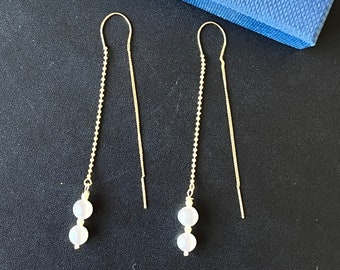 Gold plated 6mm freshwater pearls with 18K Gold Long Chain Ear Threaders 2.85 Inch