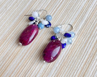 Natural Ruby, Aquamarine, White Opal, Lapis Lazuli gemstone sterling silver earrings