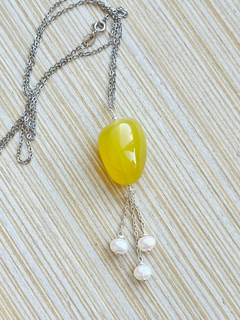 Yellow Agate 925 Sterling Silver pendant with freshwater pearls image 5