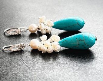 Natural Pearl cluster and teardrop Turquoise 925 sterling silver earrings