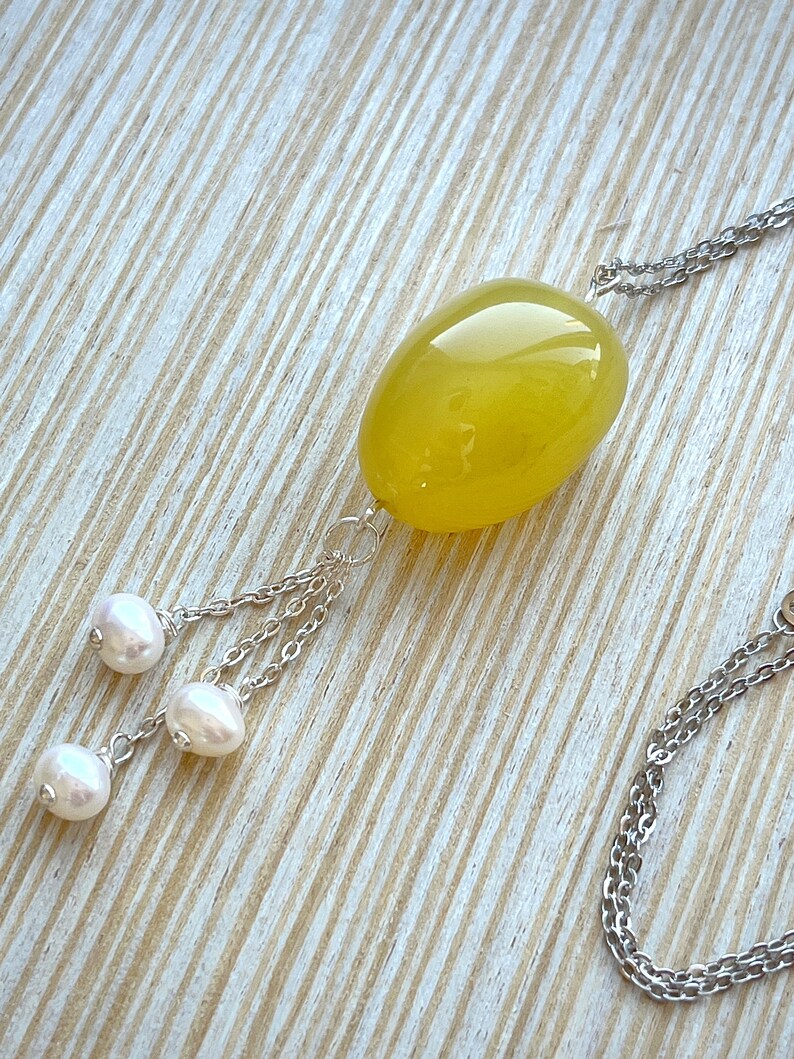 Yellow Agate 925 Sterling Silver pendant with freshwater pearls image 1