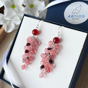 925 Sterling Silver Garnet, Pink Quartz, Red Jade Handmade Earrings.