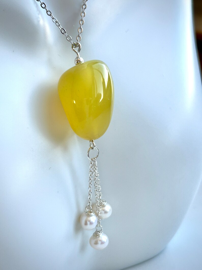 Yellow Agate 925 Sterling Silver pendant with freshwater pearls image 4