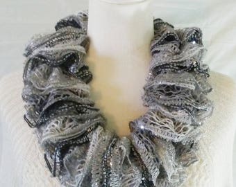 Black, White & Gray Ruffle Cowl/Neck Warmer, Ruffle Neck Warmer, Ladies Neck Warmer, Fashion Cowl, Crochet Cowl, Crochet Neck Warmer, Gift