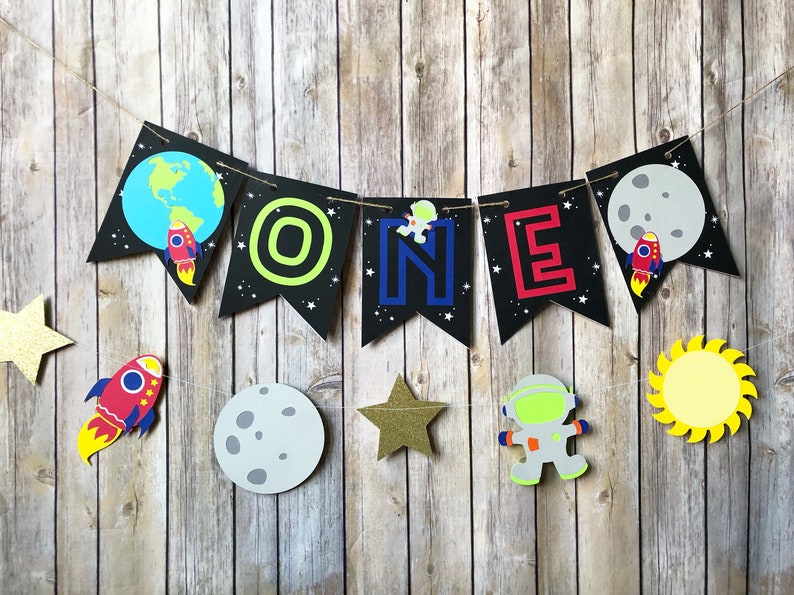 Space ONE High Chair Banner First Birthday, Party, Moon, Rocket, Planets image 1