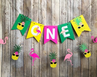 Pineapple Flamingo One High Chair Banner - First Birthday, Party, Hawaiian, Luau, Photo Prop, Smash Cake, Pineapple Decor