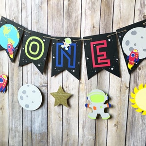 Space ONE High Chair Banner First Birthday, Party, Moon, Rocket, Planets image 2