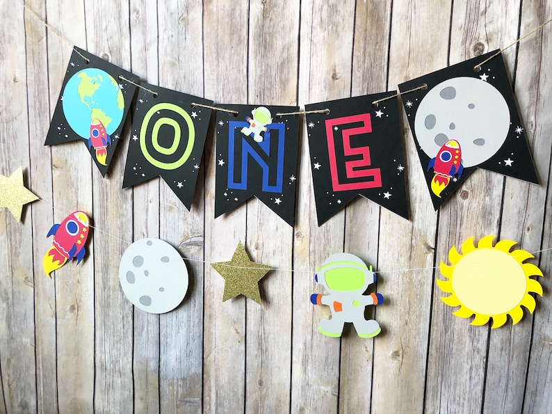 Space ONE High Chair Banner First Birthday, Party, Moon, Rocket, Planets image 2