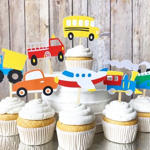 Transportation Cupcake Toppers - First Birthday, Cars, Planes, Trains, Boats, Trucks, Dump Truck, School Bus, Things That Go, Party Supplies