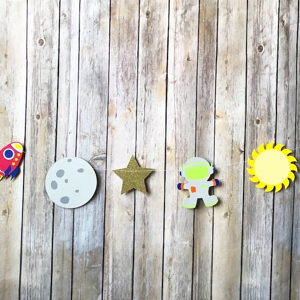 Space Party Garland - Birthday, Wall Decor, Nursery, Moon, Rocket, Stars, Photo Prop