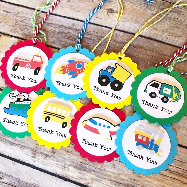 Transportation Party Favor Tags Thank You Tags, First Birthday, Favor Bags, Boat, Things That Go, Gift Tags, Garbage Truck, School Bus image 1