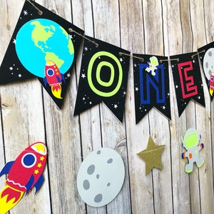 Space ONE High Chair Banner First Birthday, Party, Moon, Rocket, Planets image 3