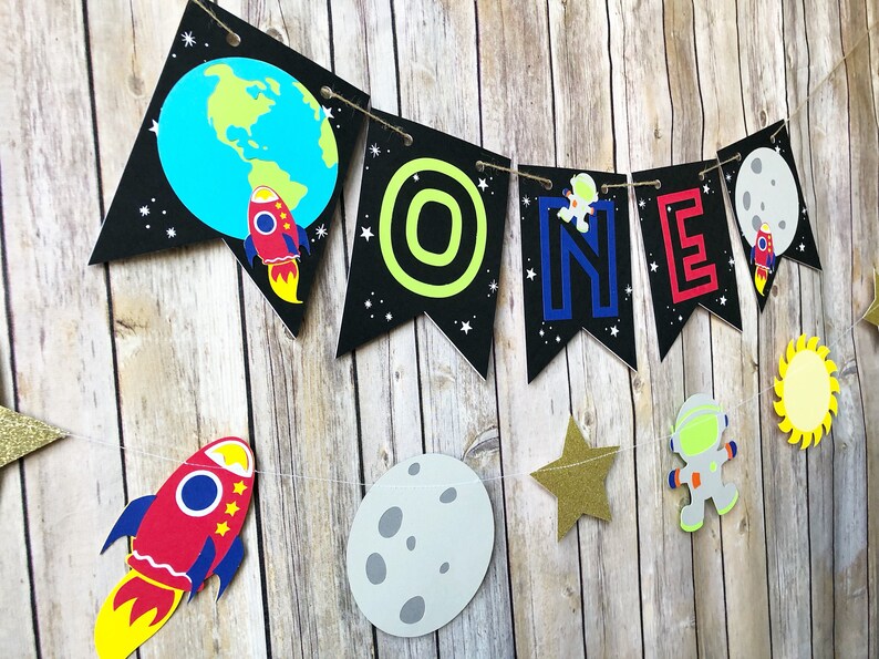 Space ONE High Chair Banner First Birthday, Party, Moon, Rocket, Planets image 3