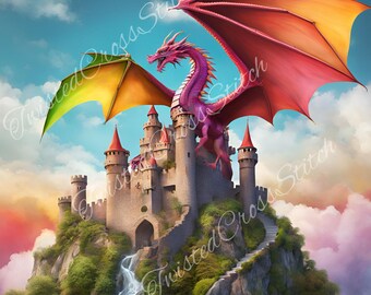 Buntes Drachen-Kreuzstichmuster, mittelalterliche Burg (Digitaler Download)