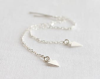 Silver ear threads - sterling silver threader earrings with triangle charms - long silver earrings - geometric earrings - gift for her