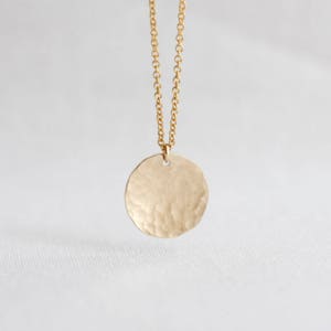 Gold circle necklace, Hammered gold disc on delicate chain, Gold layering necklace