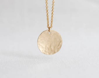 Gold circle necklace, Hammered gold disc on delicate chain, Gold layering necklace