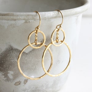 Gold double circle drop earrings, Hammered circle earrings in 14k gold fill