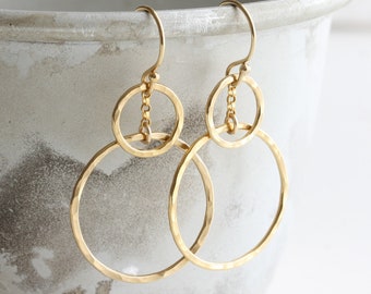 Gold double circle drop earrings, Hammered circle earrings in 14k gold fill