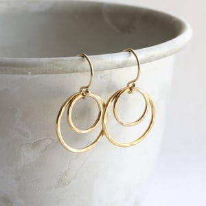 Double hoop earrings, hammered gold or silver circle earrings, small dangle earrings, gift for her