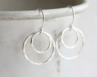 Silver double hammered hoop earrings, Small silver drop earrings, Silver circle earrings