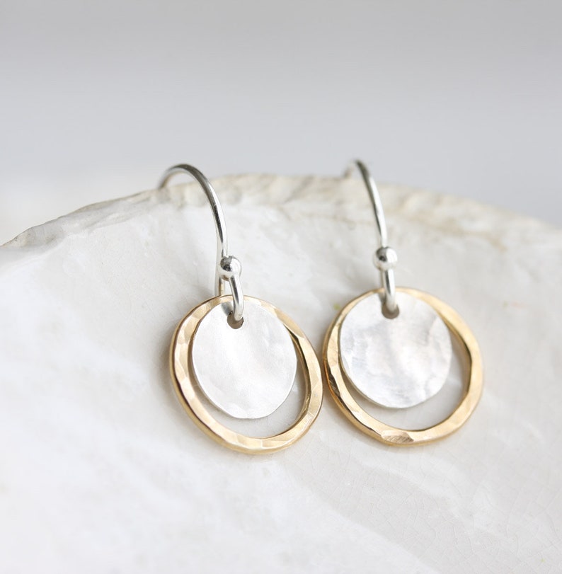 Circle earrings, Hammered disc & circle earrings in silver and gold, Mixed metal earrings, Small dangle drop earrings, Jewelry gift for her image 5