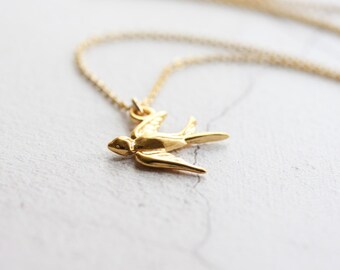 Gold swallow necklace, tiny bird pendant, dainty gold necklace